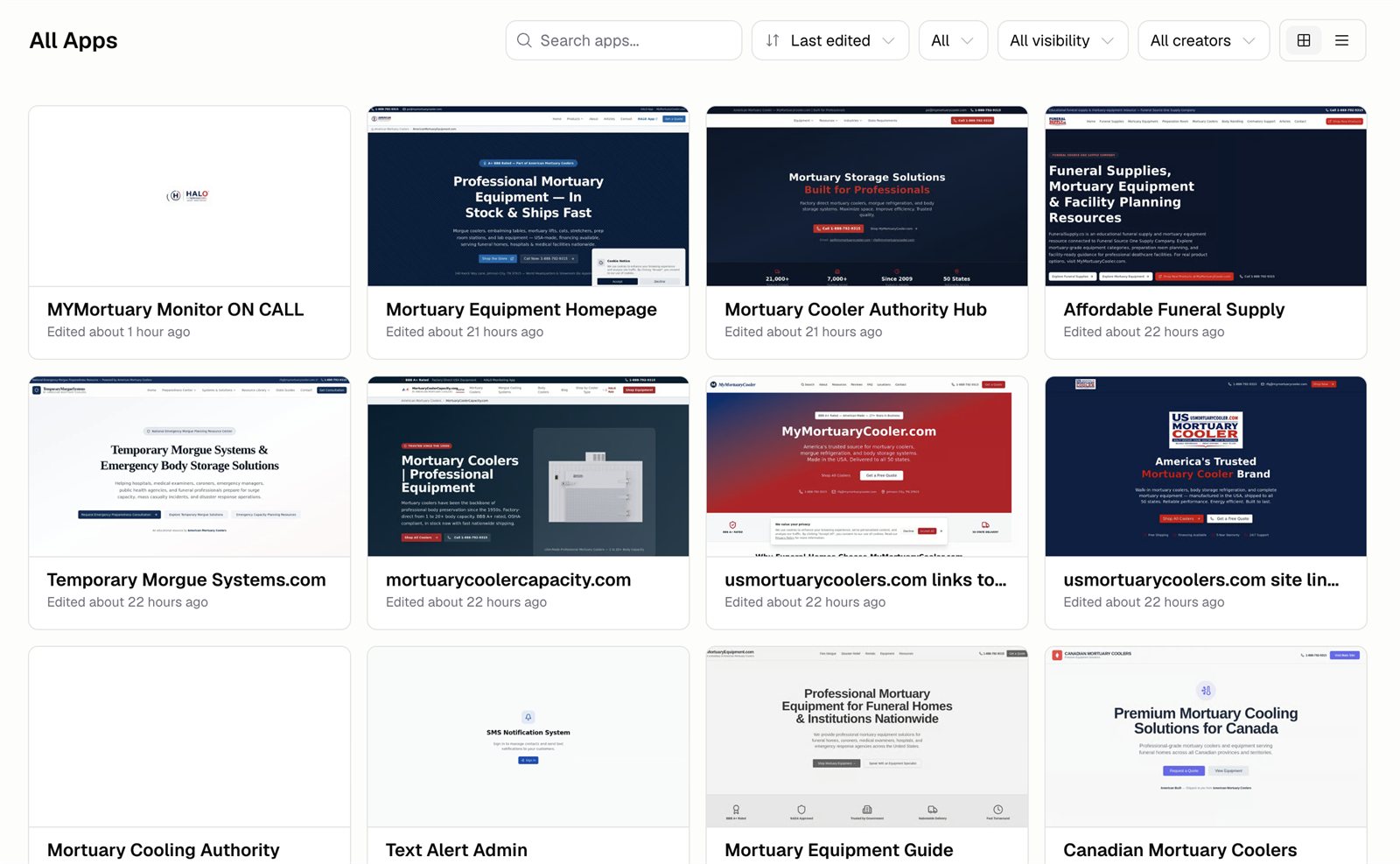 TR's Foundreco dashboard showing a grid of the death-care websites he built, including a mortuary equipment homepage, a mortuary cooler authority hub, a funeral supply site, and Canadian mortuary coolers