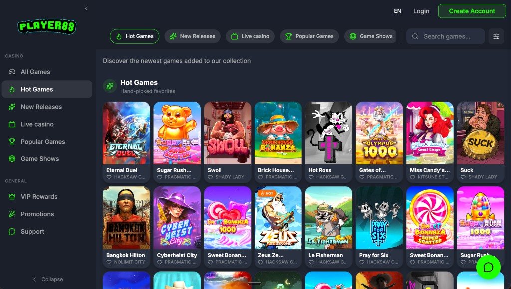 The Player88 online casino lobby built with Foundreco, showing a grid of hundreds of live slot and casino games