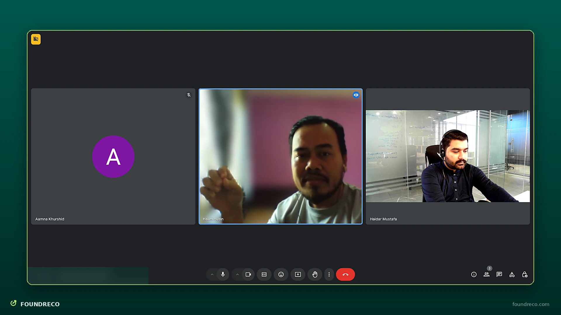 Video call screenshot: team call with a client, shared screen blurred