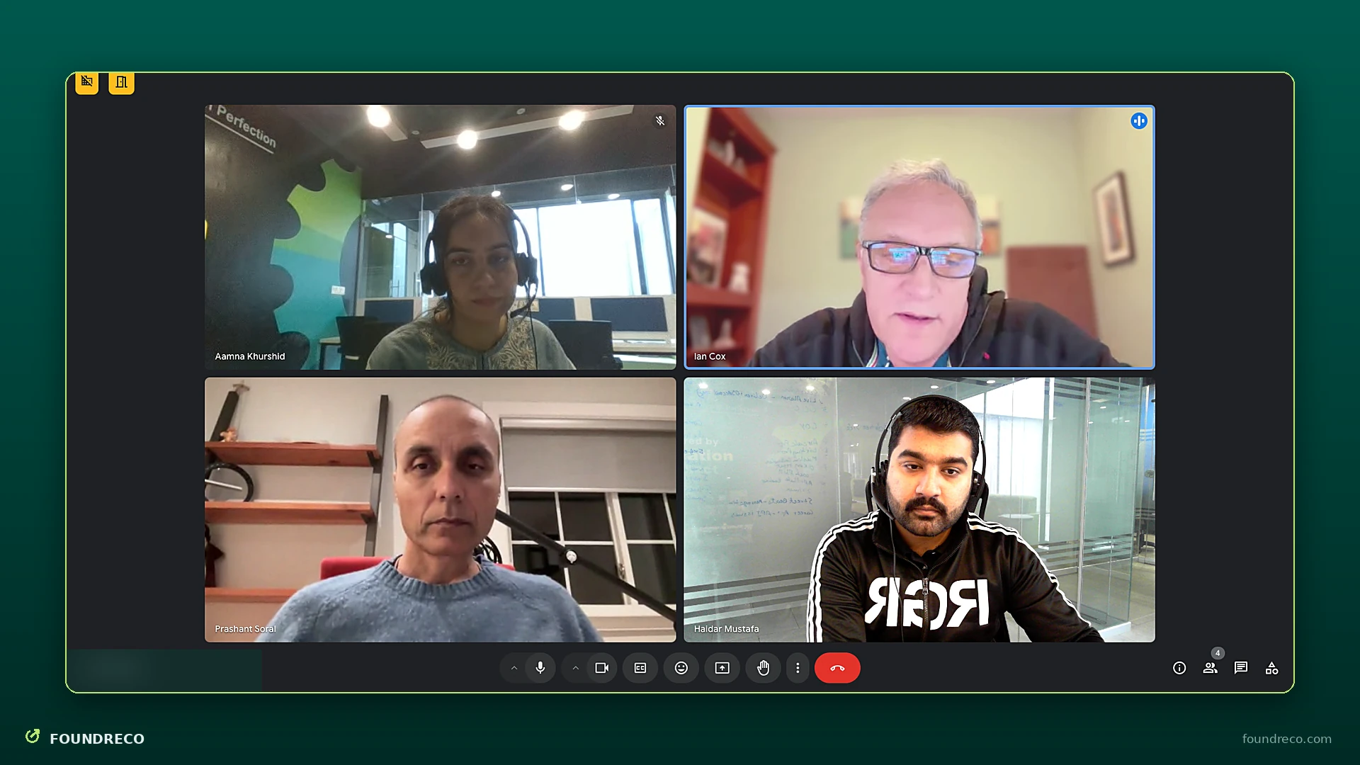 Video call screenshot: stakeholder call with a client, shared screen blurred