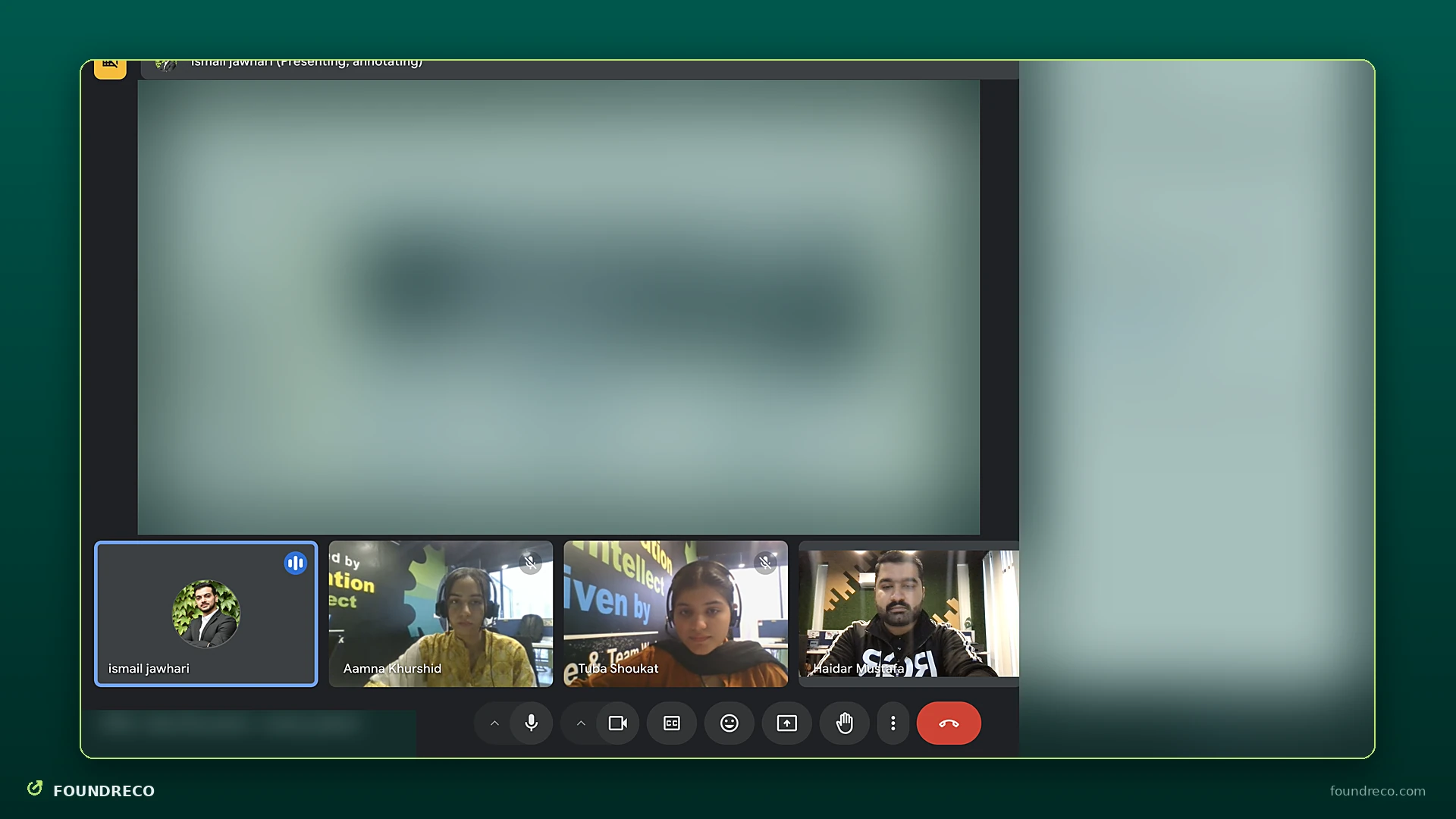 Video call screenshot: architecture walkthrough with a client, shared screen blurred