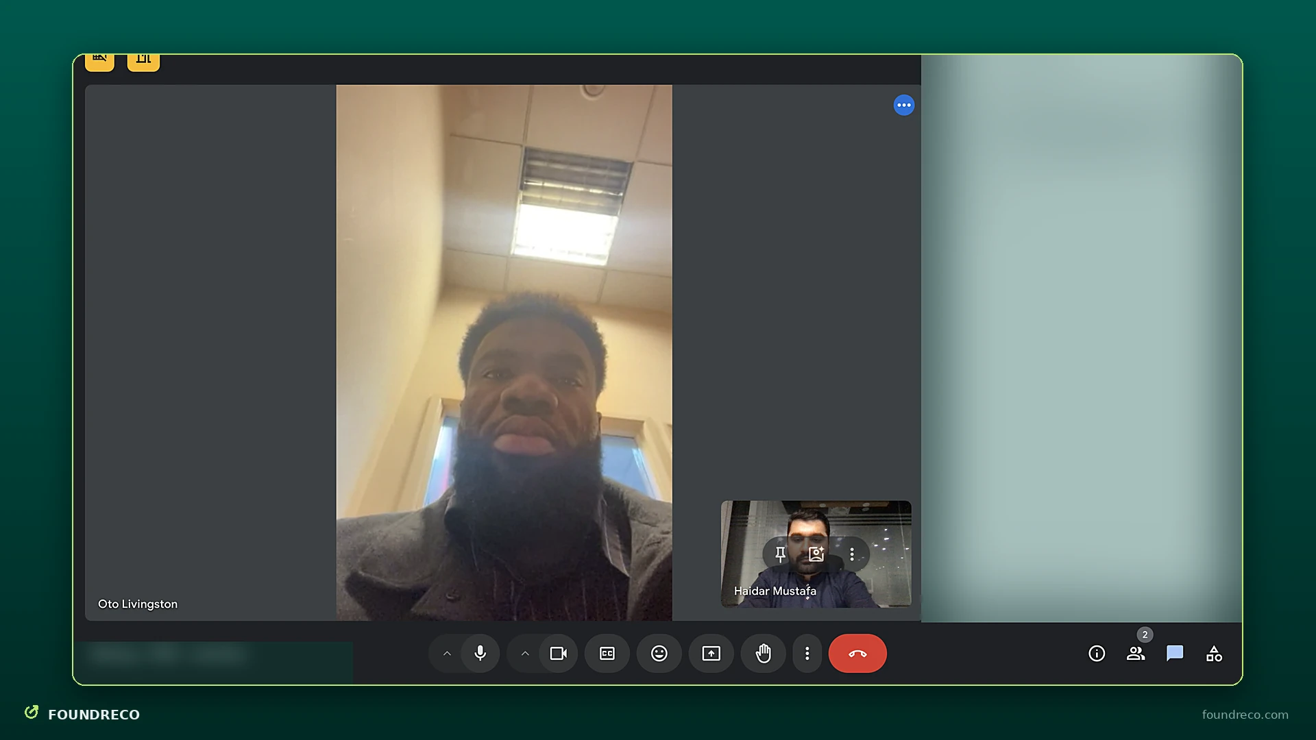 Video call screenshot: discovery call with a client, shared screen blurred