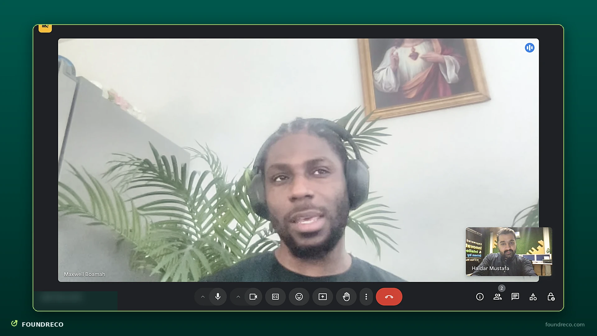 Video call screenshot: client conversation with a client, shared screen blurred