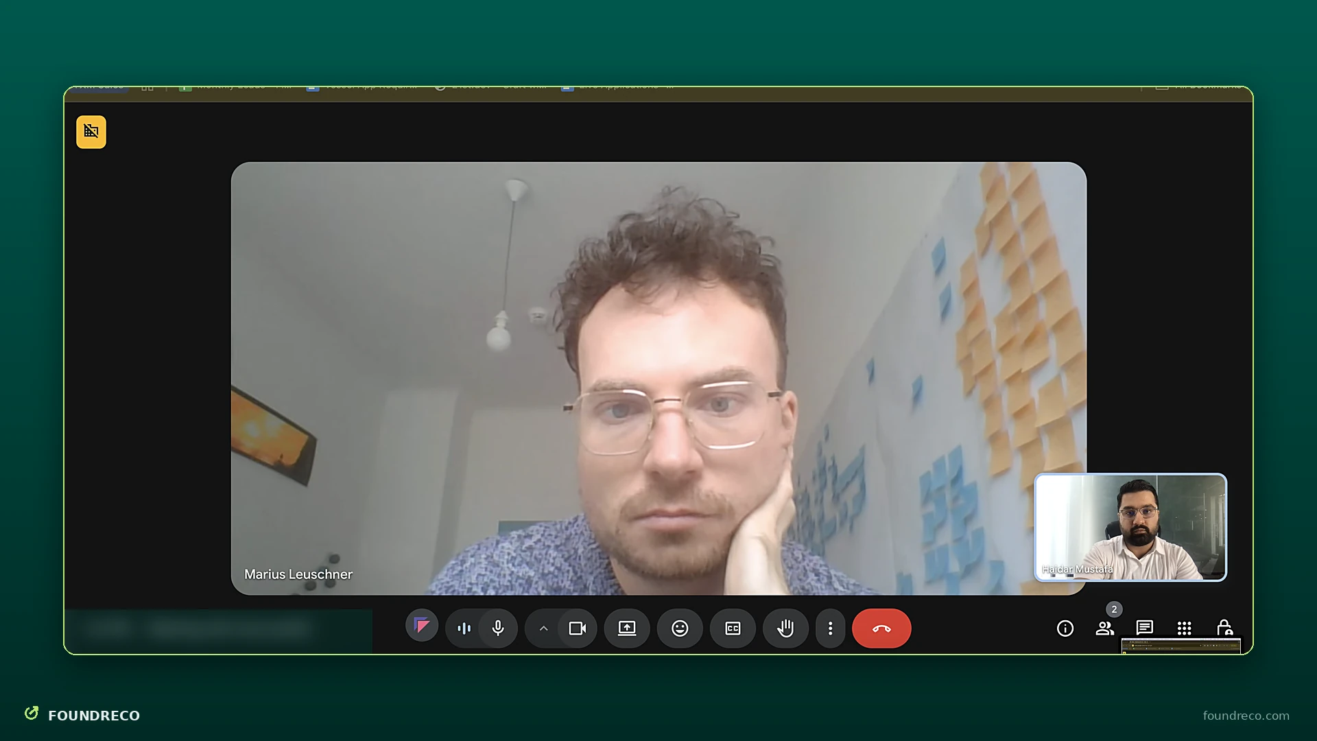 Video call screenshot: product discussion with a client, shared screen blurred