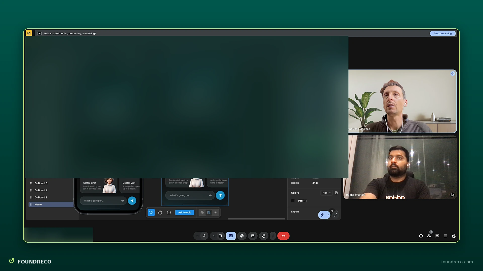 Video call screenshot: ui walkthrough with a client, shared screen blurred