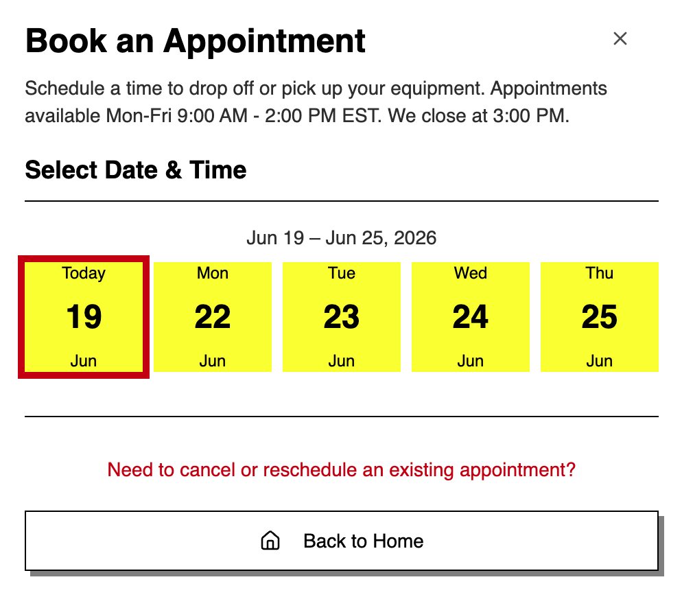 The online appointment booking flow Donnie built with Foundreco, where customers self-schedule a drop-off or pick-up time
