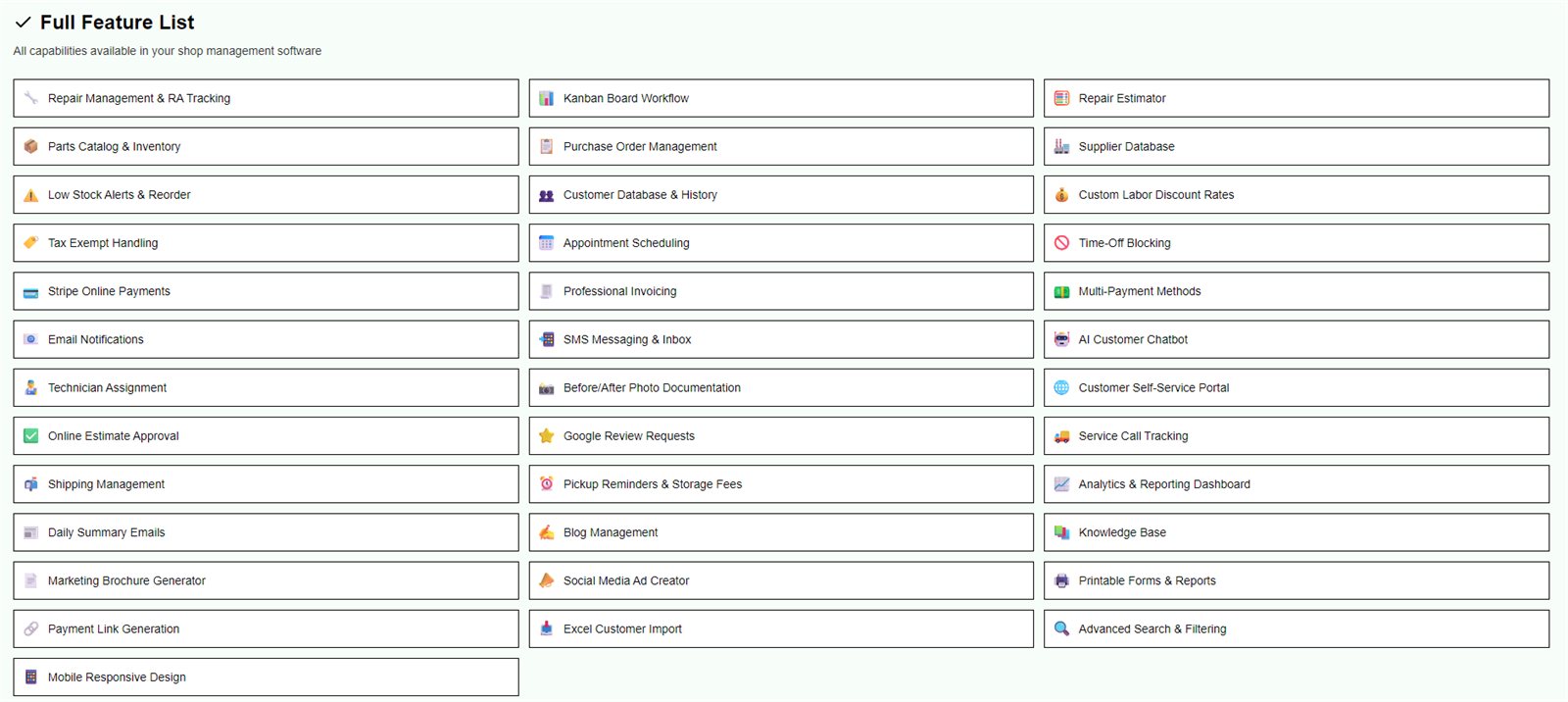 The full feature list inside the shop management app Donnie built with Foundreco, covering repair tracking, inventory, invoicing, payments, scheduling, and technician dispatch