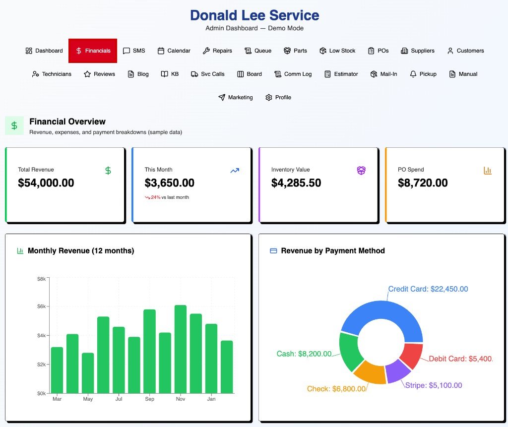 The repair management app Donnie built with Foundreco to run booking, invoicing, payments, and technician dispatch