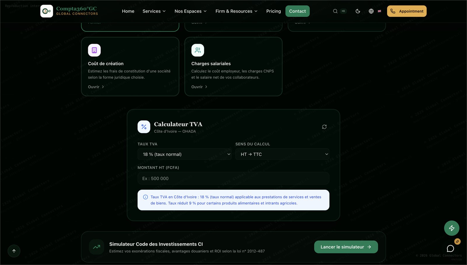 The public Compta 360 site built with Foundreco, showing its Cote d'Ivoire VAT calculator set to the 18% standard OHADA rate, alongside company-formation cost and payroll-charge calculators
