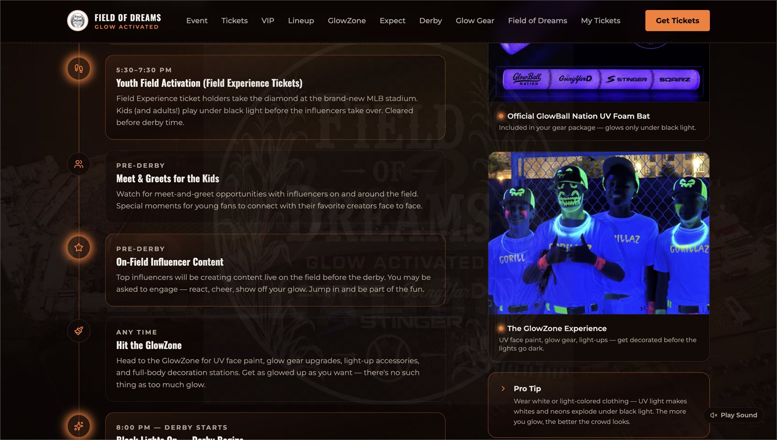 The Field of Dreams event ticketing site GlowBall Nation is building with Foundreco, showing the game-day schedule and the GlowZone experience under black light