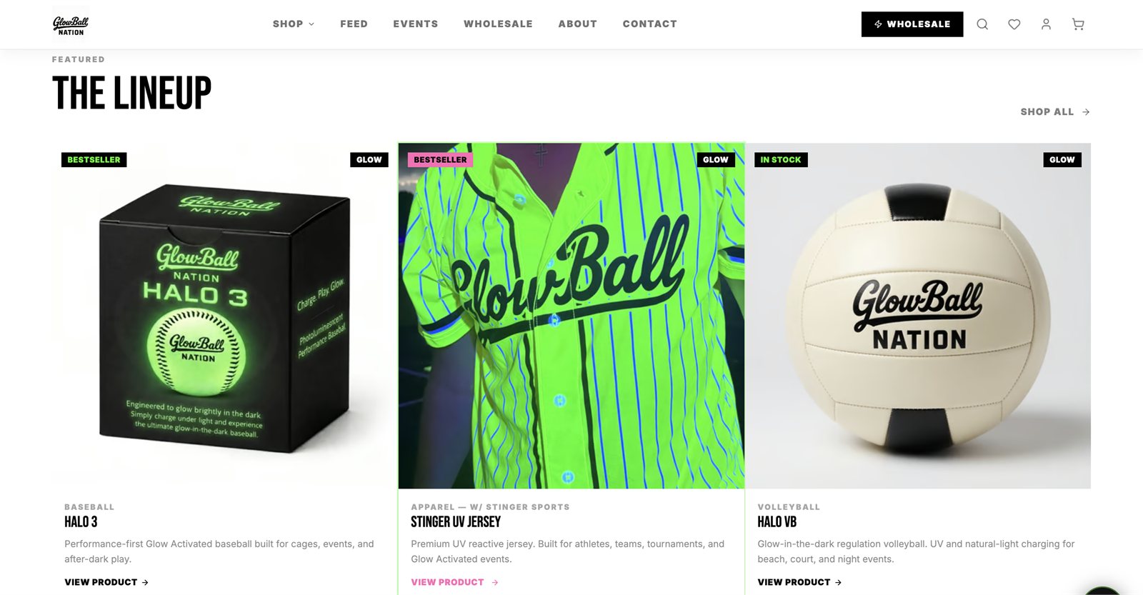 GlowBall Nation's online store built with Foundreco, with a shifting blacklight background and glow-in-the-dark baseball gear for sale