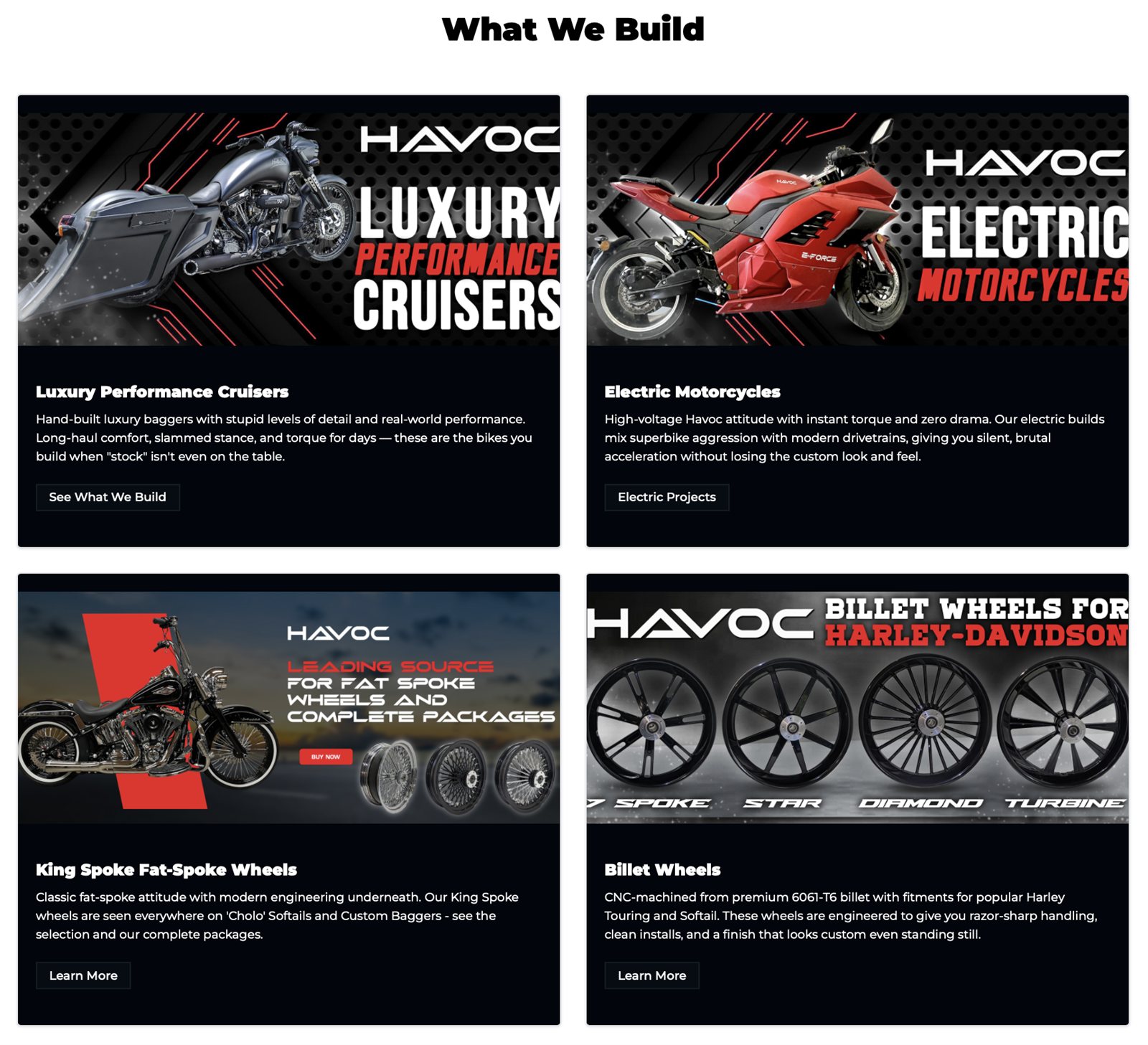The What We Build section of the Havoc Motorcycles storefront built with Foundreco, with product cards for Luxury Performance Cruisers, Electric Motorcycles, King Spoke fat-spoke wheels, and billet wheels for Harley-Davidson