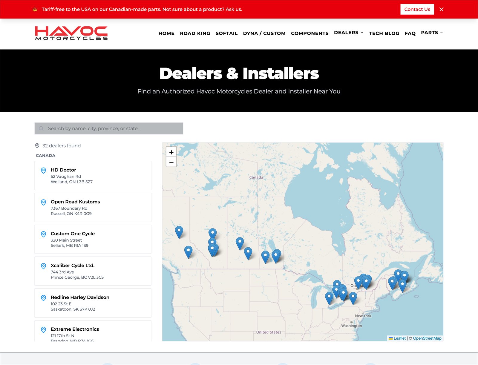 The dealer locator Jarrod built with Foundreco, showing a searchable map of Havoc's 32 dealers across Canada alongside the dealer list