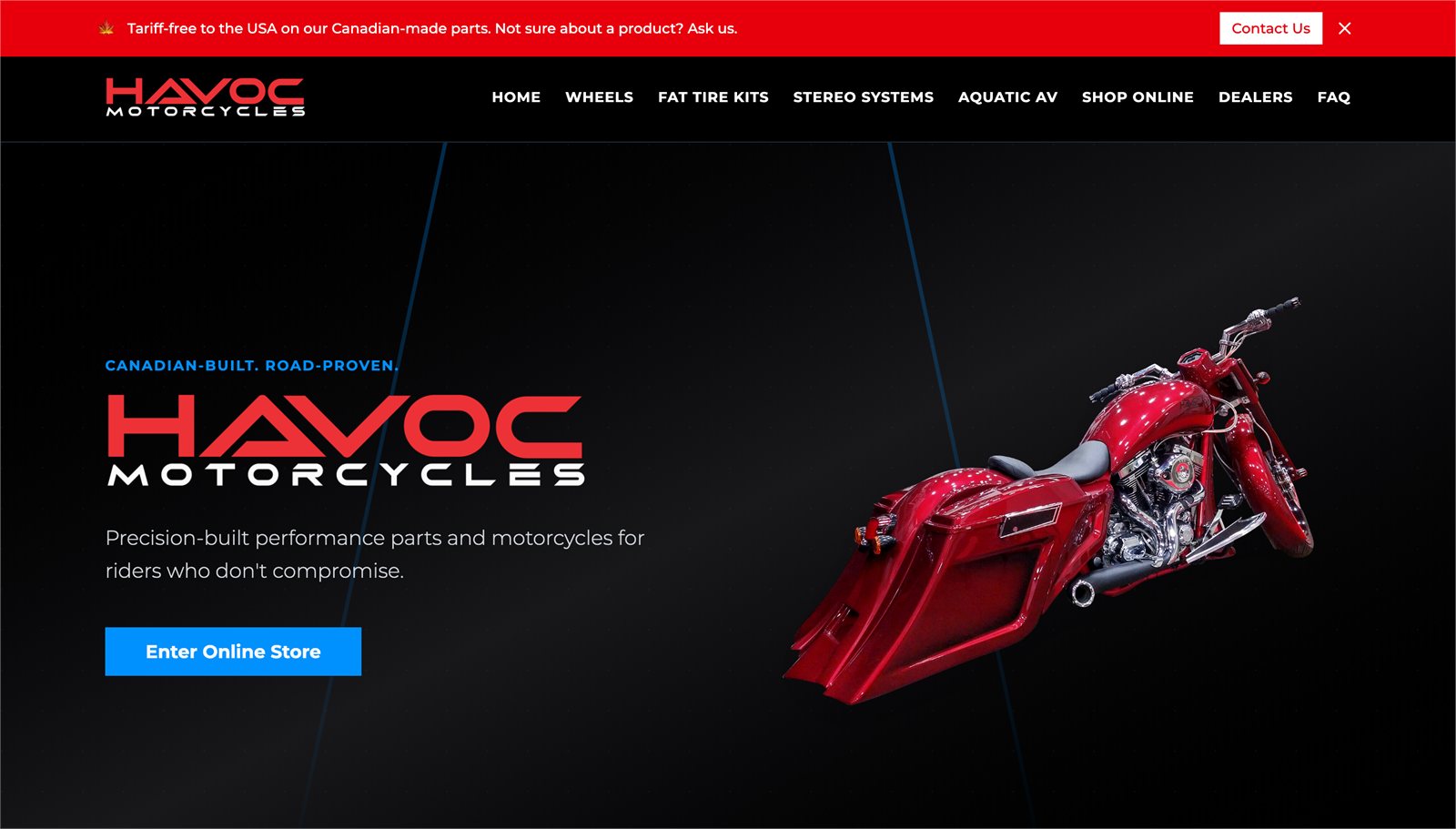 The Havoc Motorcycles storefront homepage built with Foundreco, with navigation for wheels, fat-tire kits, stereo systems, Aquatic AV, and dealers