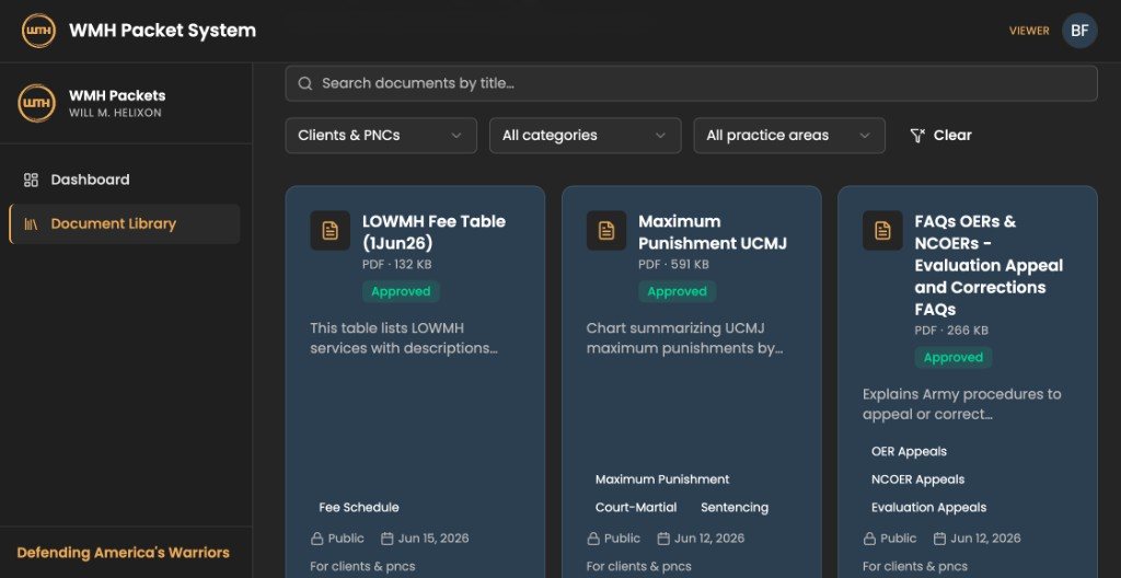 The document library of the WMH Packet System, an app Will built to catalog materials, draft with AI, and assemble client packets