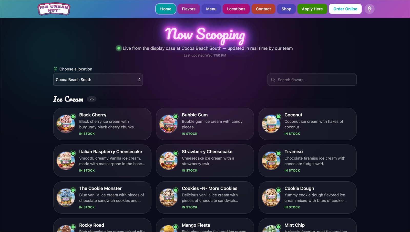 The Now Scooping page built with Foundreco, showing the live flavor lineup customers see for a store, with each flavor marked in stock and updated in real time
