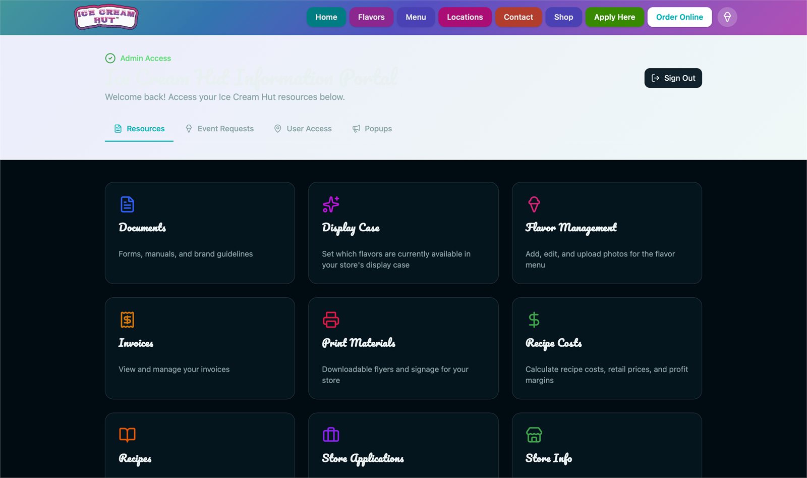 The Ice Cream Hut admin portal built with Foundreco, with modules for documents, the display case, flavor management, invoices, print materials, recipe costs, recipes, store applications, and store info