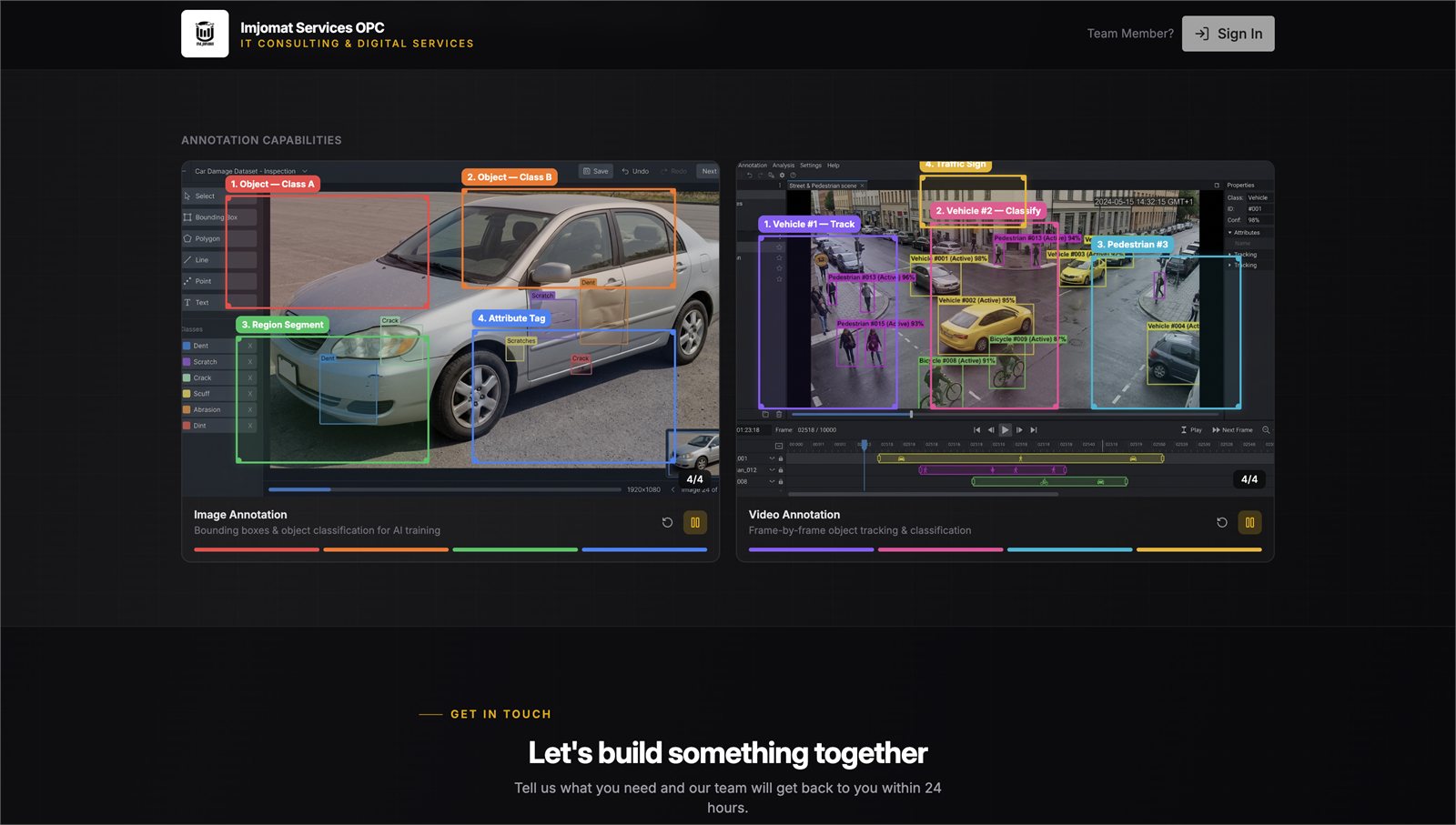 The marketing website Sarah built with Foundreco, showing Imjomat's image and video annotation capabilities for training AI models