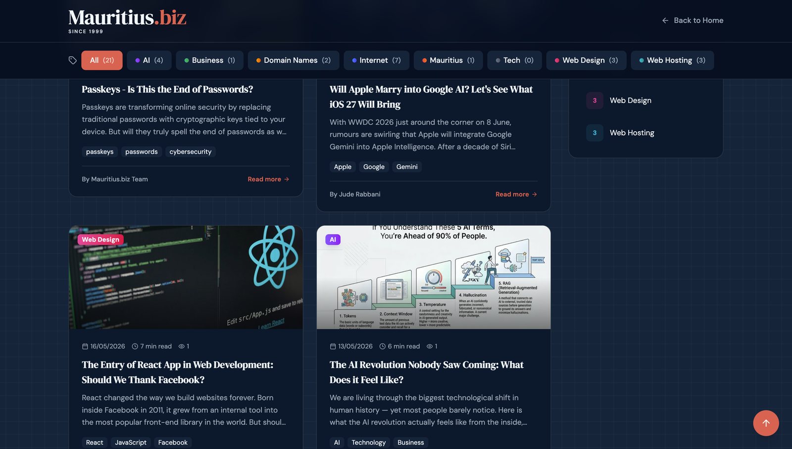 The Mauritius.biz blog built with Foundreco, with 21 articles across categories like Web Hosting, Domain Names, and AI that grew its search traffic
