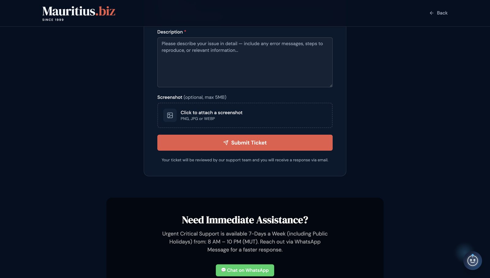 The branded support ticket form Jude built inside mauritius.biz, with a screenshot upload, Submit Ticket button, and a WhatsApp option for urgent help