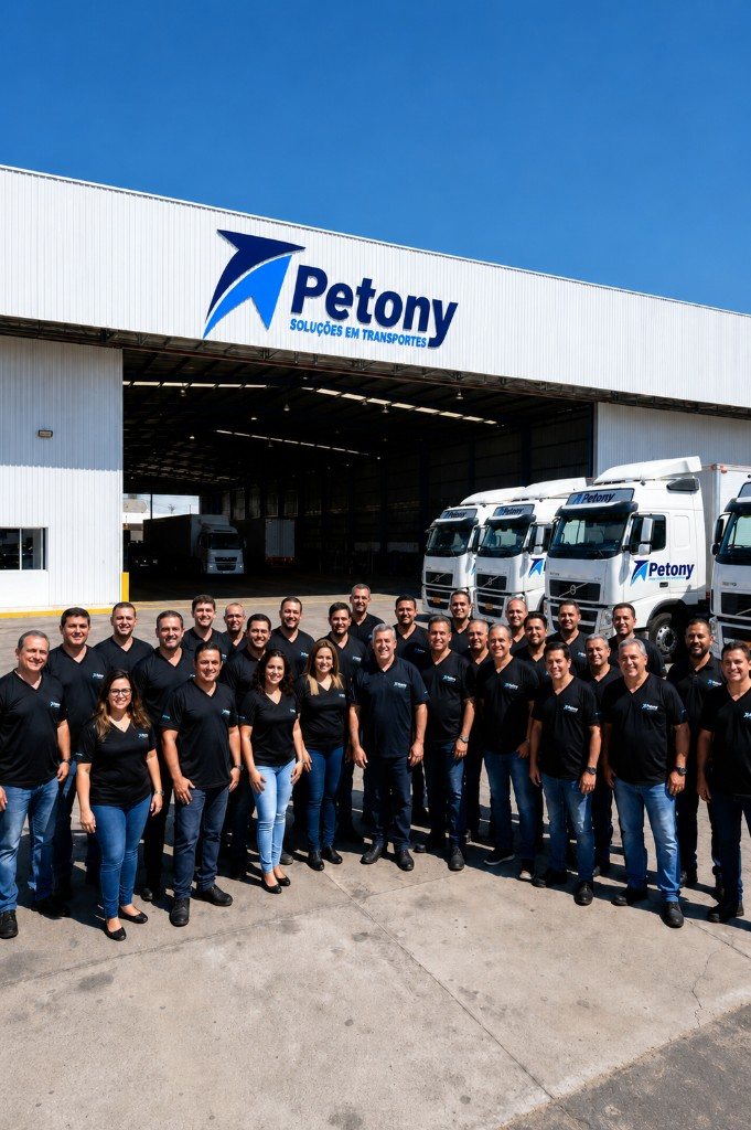 The Petony Transportes team in front of the company's freight depot and truck fleet