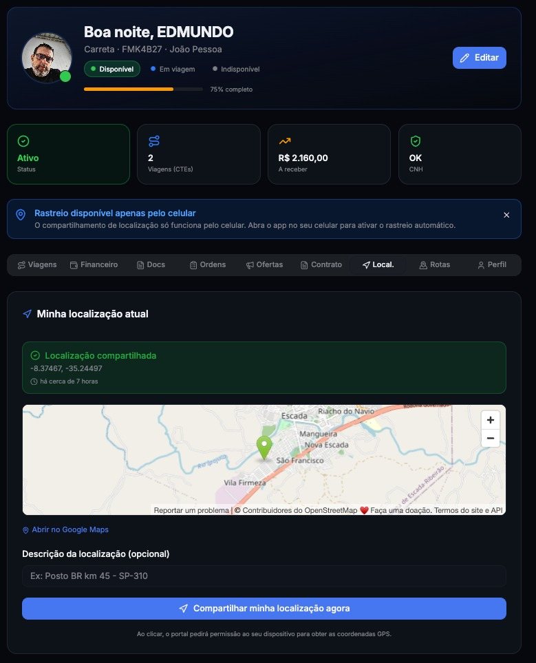 A driver sharing live GPS location on a map in the Petony portal so the team can track a load in transit