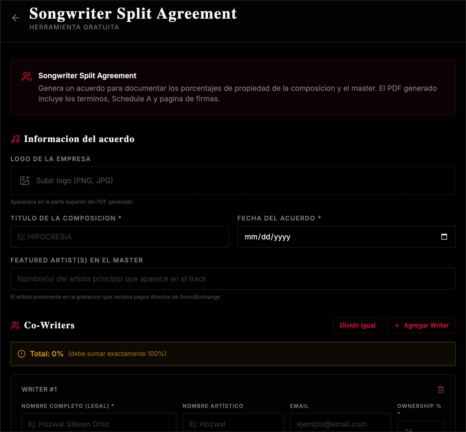 The songwriter split-sheet generator David built with Foundreco, where he sets each co-writer's ownership percentage and it outputs a finished PDF agreement