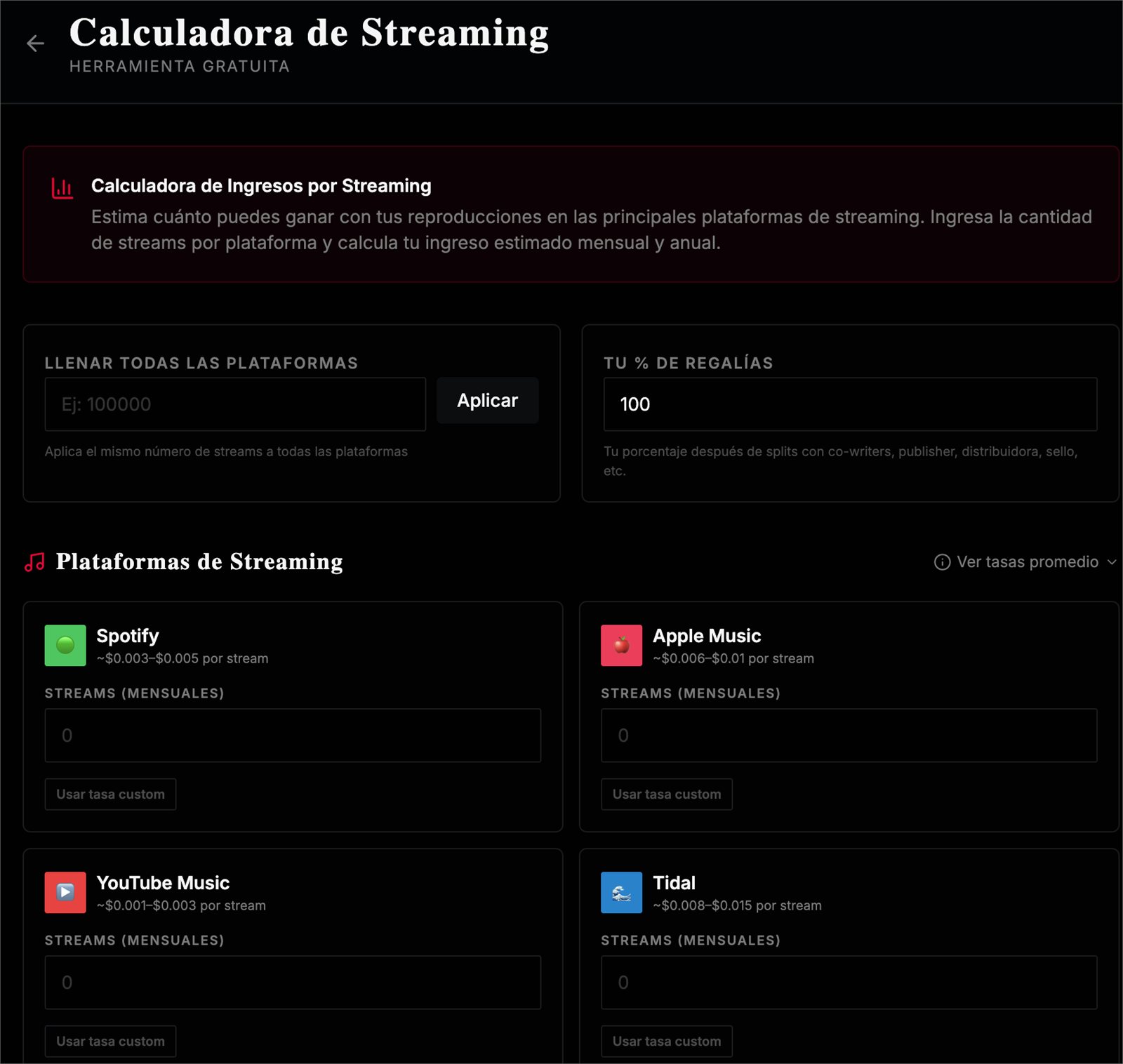 The streaming-royalty calculator David built with Foundreco, estimating monthly and annual income across Spotify, Apple Music, YouTube Music, and Tidal