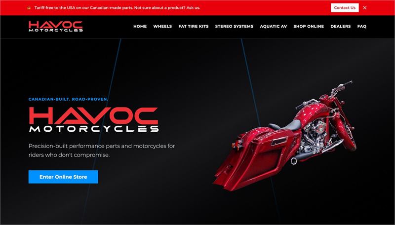 Havoc Motorcycles storefront built after migrating off Shopify, showing the motorcycle model range and dealer portal