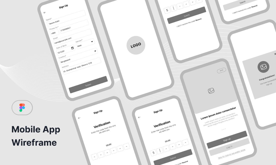 Mobile app wireframe screens laid out in a design file