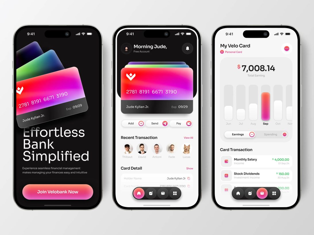 Three phone screens from a finished banking app